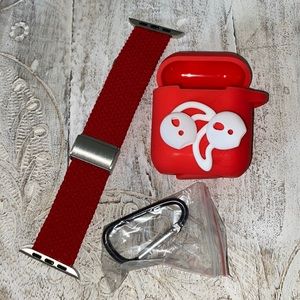 42/44mm Red woven watch band for Apple Watch w/AirPods case & clip NEW